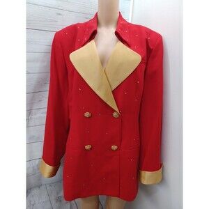 Eva Polini Couture Blazer Womens 18 Red Beige Rhinestone Double Breasted Vtg